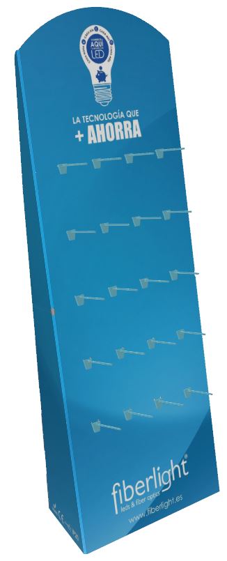 FloorDisplay with hooks. It is a very simple exhibitor, designed for items that can be hung or in a blister pack. You can choose the model and the number of hooks, also its position.