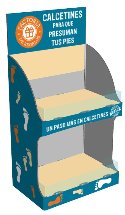 Cardboard counter display for desktop with two floors. It carries a complement of transparent PVC to prevent the product from slipping.