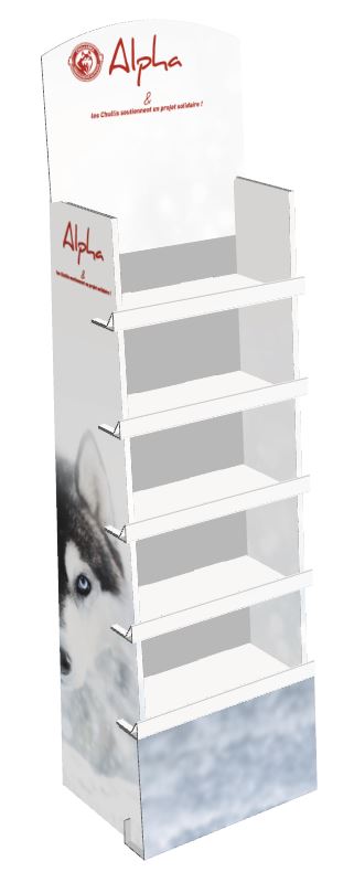 FloorDisplay in very resistant corrugated cardboard, with four shelves and cartouche. Ref. PL-2800-A